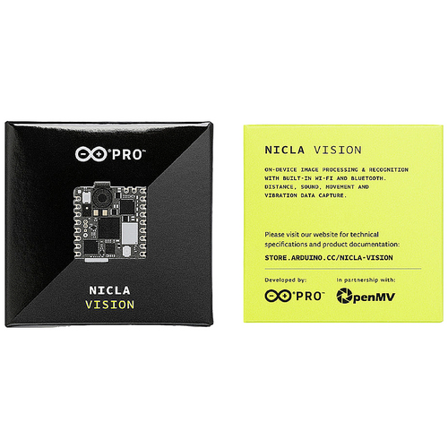 'NICLA VISION' Sensorboard auf schwarzer Verpackung. Texttafel erklärt Funktionen: Bildverarbeitung, Wi-Fi, Bluetooth. Webseite für Spezifikationen und Dokumentation empfohlen.